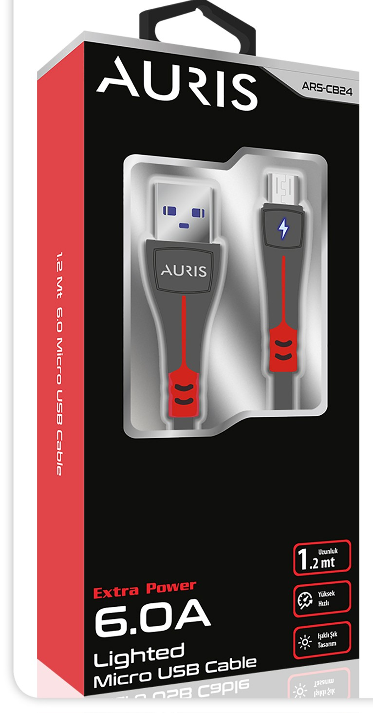 Auris Kablo Usb Cb24 Micro Şarj Kablo Işıklı 6A  1.2 Mt Siyah