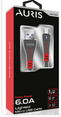 Auris Kablo Usb Cb24 Micro Şarj Kablo Işıklı 6A  1.2 Mt Siyah
