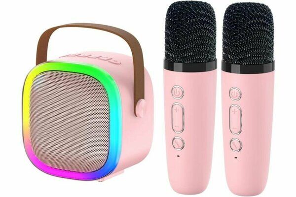 Power Style Speaker Hoparlör Karaoke Çift Mikrofonlu Bluetooth 5 W Pembe