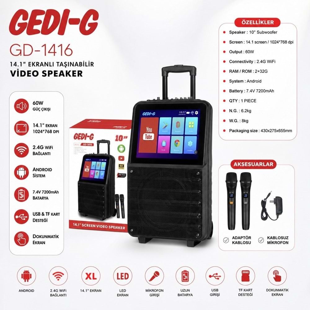 Acl Gd-1416 Gedi-G  Speaker Müzik Çalar 10 İnç Hoparlör Karaoke Led Ekranlı