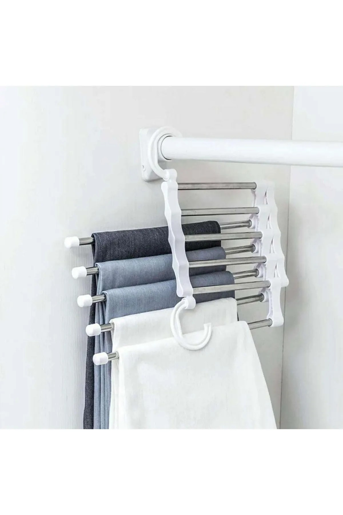 Omilife Hareketli Pantolon Askısı 5 Kancalı Katlanabilir Portatif Askı Fenomen Ürün Beyaz