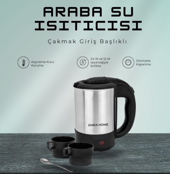 Emka Çakmaklık Girişli Araç Su Isıtıcısı Kettle Gümüş
