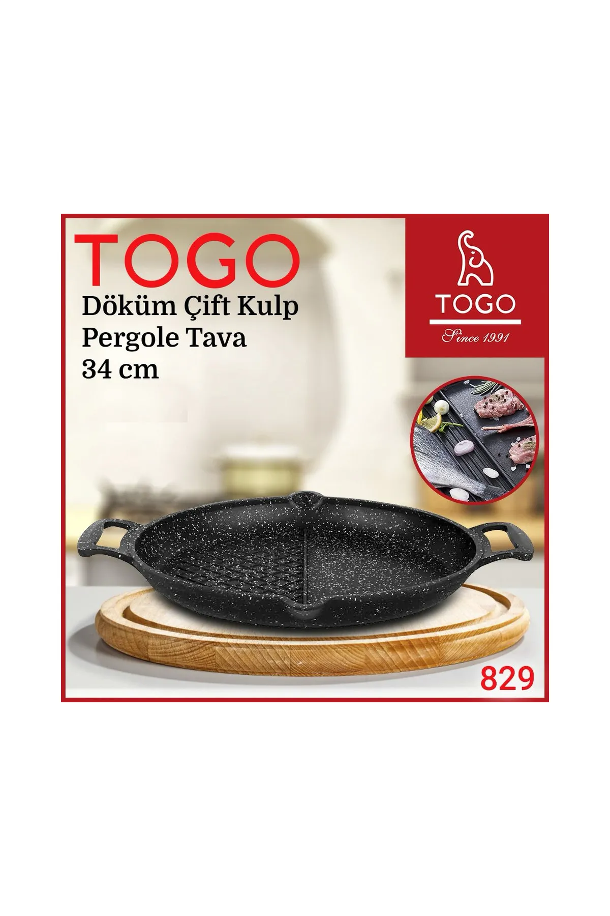 Togo 829 Döküm 34 cm Tava Çift Kulp Bölmeli Siyah