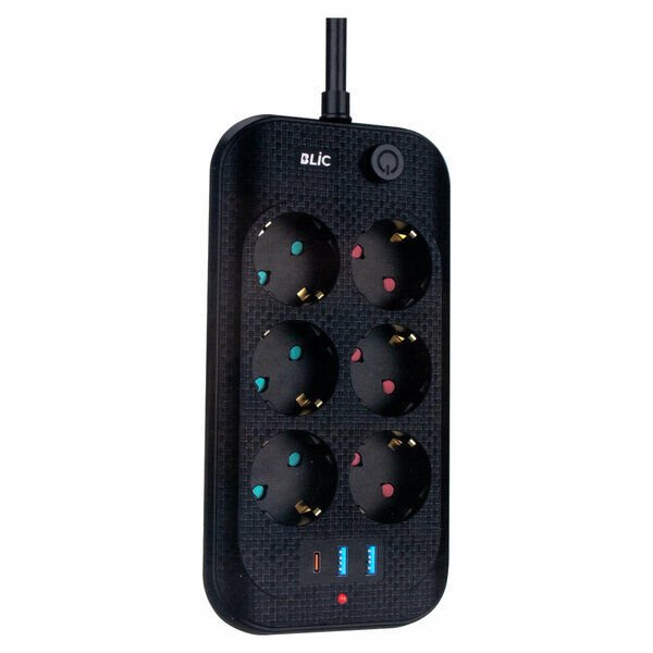Blic Akım Korumalı Grup Priz 2 Mt 2500W 10A (6 Priz 3XUSB) Siyah