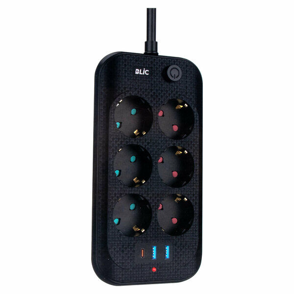 Blic Akım Korumalı Grup Priz 2 Mt 2500W 10A (6 Priz 3XUSB) Siyah